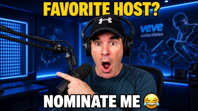 A shocked-looking man wearing a black Under Armour cap and headphones, pointing at a microphone in a blue-lit VeVe collectibles studio, with text reading 'FAVORITE HOST? NOMINATE ME' and a laughing emoji.