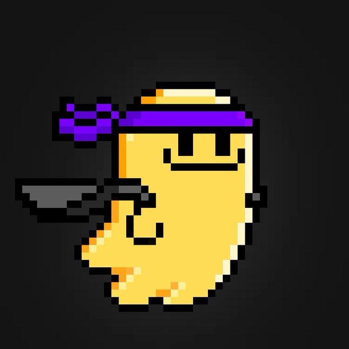 A pixel art illustration of a yellow character wearing a purple headband and holding a knife, reminiscent of a retro video game aesthetic.