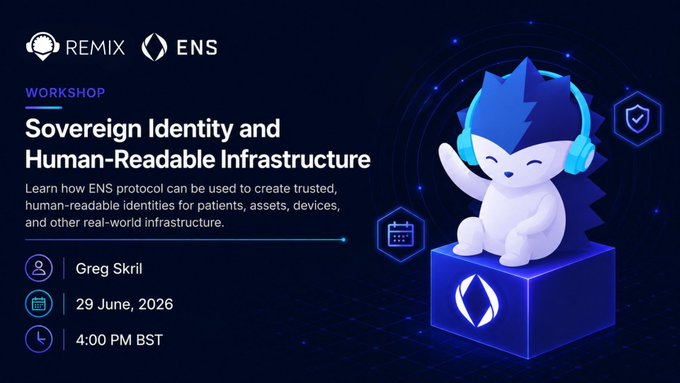 The image features a poster with a cartoon owl wearing headphones sitting atop a blue cube. The background of the poster displays various icons related to the topic of identity and human-readable infrastructure. The text at the bottom of the poster reads "Identity matters - especially in the real world. On 29 June at 4PM BST, @GregSkril from @ensdomains is joining the Remix AI Bootcamp for a workshop on sovereign identity and human-readable infrastructure".