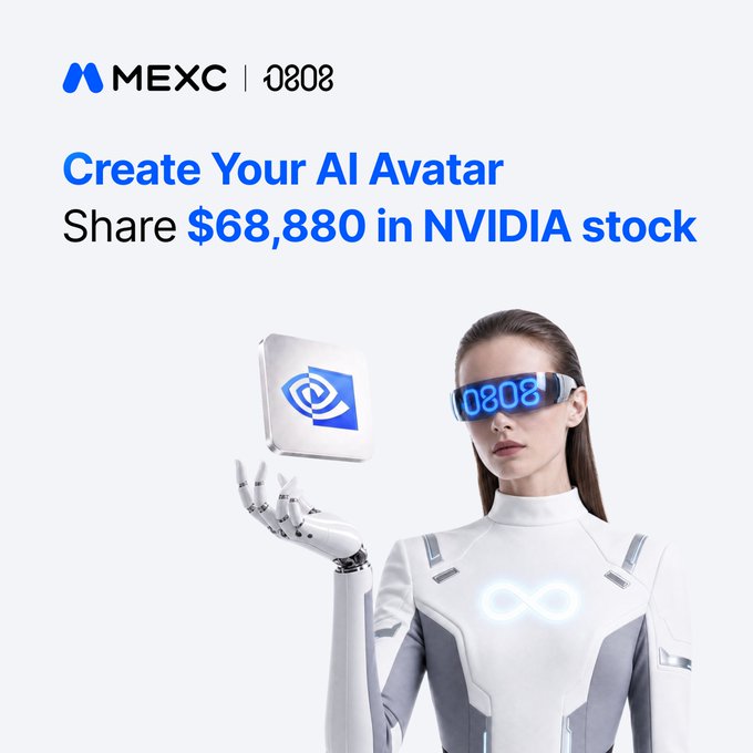 The image is a promotional graphic for MEXC's "0808" campaign, featuring a futuristic female figure in a white suit with a robotic arm holding an NVIDIA chip, alongside text reading "Create Your AI Avatar" and "Share $68,880 in NVIDIA stock." The visual combines AI/robotics imagery with NVIDIA branding to advertise the event where participants can create AI avatars for a chance to win NVIDIA stock.