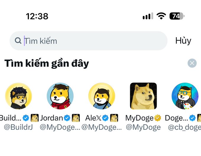 A mobile phone screenshot of a recent search list on a social app, displaying cartoon dog profile pictures with usernames like @BuildrJ, @MyDoge..., @cb_doge.