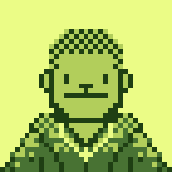 A pixel art portrait of a green-skinned character with a shaved head wearing a green checkered shirt, displayed in monochrome green tones.