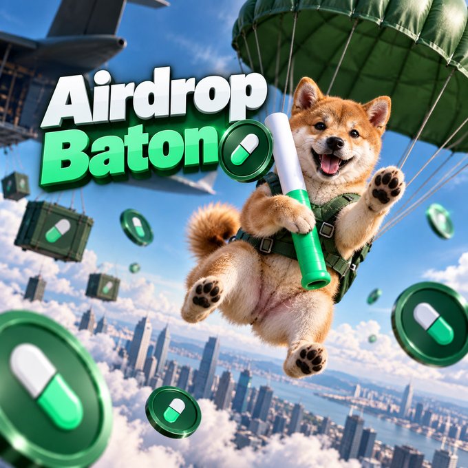 A digital graphic with the text 'Airdrop Baton' showing a smiling Shiba Inu dog parachuting with a baton, surrounded by floating green pill icons above a cityscape.
