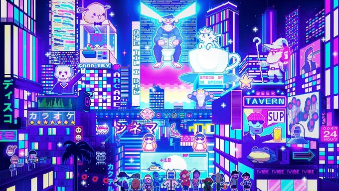 A vibrant neon-lit cyberpunk cityscape featuring various NFT characters including bears on billboards, signs reading "BEER TAVERN," "VIBE," "OPEN 24 HOURS," "GROW UP," and Japanese text, with small chibi figures gathered in the foreground.