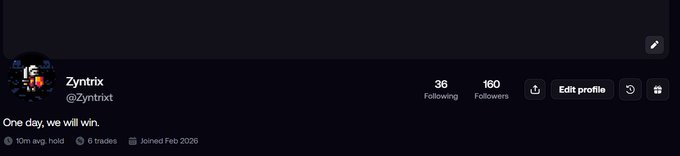 Twitter/X profile screenshot for user 'Zyntrix' (@Zyntrix) showing 36 following, 160 followers, and the bio 'One day, we will win.' with stats indicating 10m avg. held, 6 trades, joined Feb 2026.
