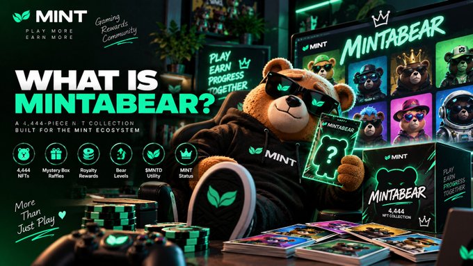 A promotional graphic asking 'WHAT IS MINTABEAR?' featuring a bear character in sunglasses and a hoodie, promoting a 4,444-piece NFT collection for the MINT ecosystem.