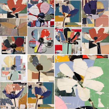 A grid collage of mixed-media collage artworks featuring abstract floral compositions in various colors including pinks, blues, greens, and earth tones.