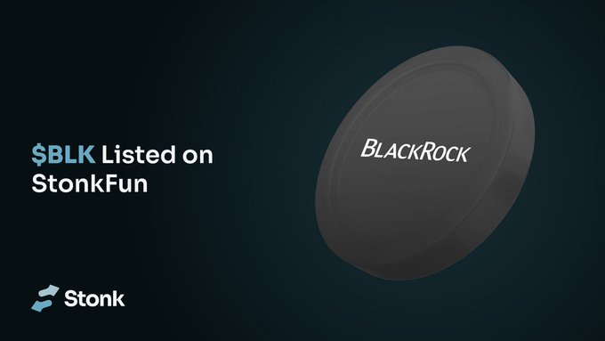 A promotional graphic featuring a large, black, puck-like object bearing the text 'BLACKROCK,' with text on the left stating '$BLK Listed on StonkFun' and the 'Stonk' logo in the bottom left corner on a dark background.