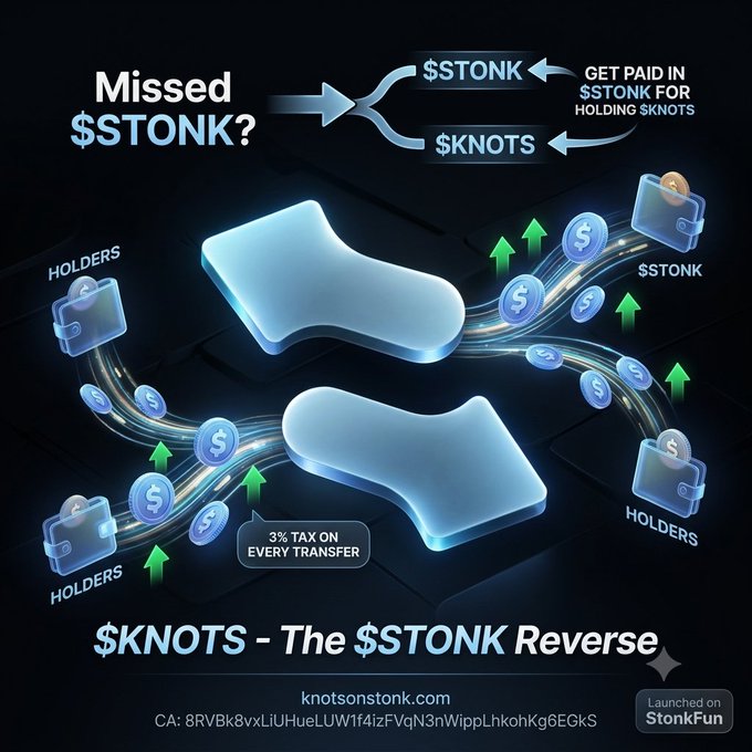 Promotional graphic for $KNOTS token described as '$KNOTS - The $TONK Reverse,' advertising a 3% tax on transfers and rewards for holders, with the contract address 8RVBk8vxLiUHueLUW1f4izFVqN3nWippLhkohKg6EGKS.