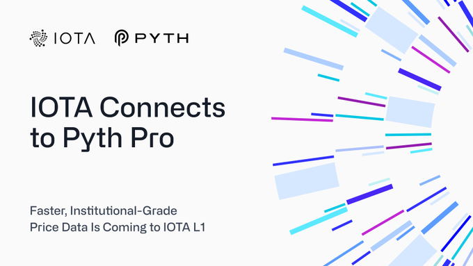 A promotional graphic announcing 'IOTA Connects to Pyth Pro' with the IOTA and Pyth logos, and the tagline 'Faster, Institutional-Grade Price Data Is Coming to IOTA L1' on a white background with colorful confetti-like accents.