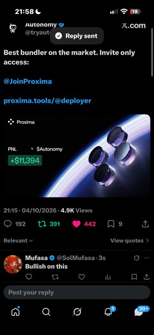 A screenshot of a tweet from Autonomy (@tryaut) promoting 'JoinProxima' and 'proxima.tools/@deployer' as 'Best bundler on the market. Invite only access:' with a PNL showing +$11,394.