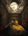 Dark, pixel art scene of a hooded figure standing in a stone crypt, holding a glowing yellow object over a sarcophagus with a full moon visible through an opening above.