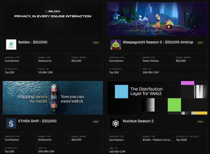 A dark-themed webpage listing Web3 campaigns with rewards including Beldex - $50,000, Sleepagotchi Season 2 - $50,000 Airdrop, ETHRA SHIP - $30,000, and Nucleus Season 2.