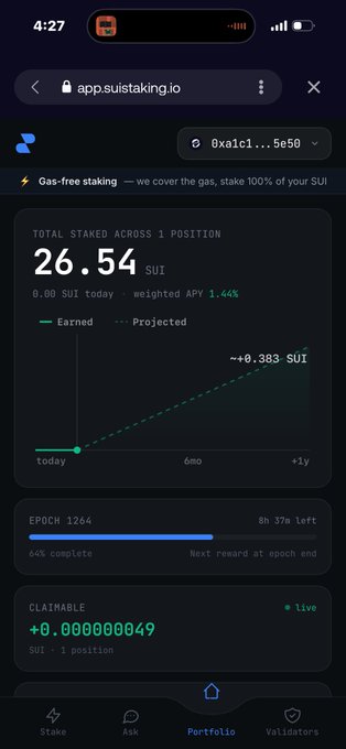 A mobile screenshot of app.suistaking.io displays a portfolio showing 26.54 SUI staked across 1 position with a weighted APY of 1.44% and a claimable balance of +0.000000049 SUI.