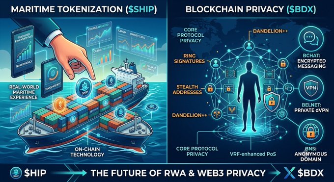 A promotional graphic divided into two sections: 'MARITIME TOKENIZATION ($SHIP)' showing a cargo ship with blockchain graphics, and 'BLOCKCHAIN PRIVACY ($BDX)' displaying a network of privacy features, with the bottom text '$HIP THE FUTURE OF RWA & WEB3 PRIVACY X$BDX'.