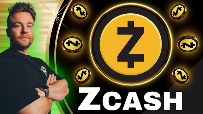 A promotional image for the cryptocurrency 'ZCASH', featuring a man with crossed arms on the left and the Zcash logo—a black 'Z' inside a gold coin—surrounded by smaller tokens.