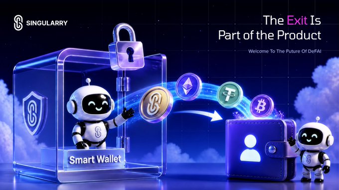 A promotional graphic for Singulary titled 'The Exit Is Part of the Product' with the tagline 'Welcome To The Future Of DeFAI', showing a robotic mascot inside a clear 'Smart Wallet' box alongside cryptocurrency icons including Bitcoin.