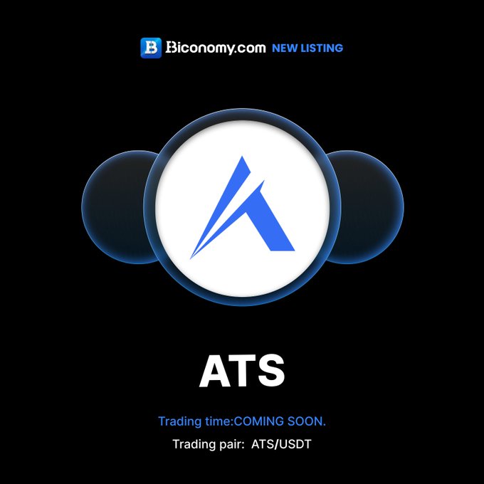 The image is a promotional graphic from Biconomy.com announcing the upcoming listing of the ATS token, featuring a large blue "A" logo and the text "ATS — Trading time: COMING SOON. Trading pair: ATS/USDT," which corresponds to the post's announcement about Alltoscan's forthcoming spot trading launch on Biconomy.