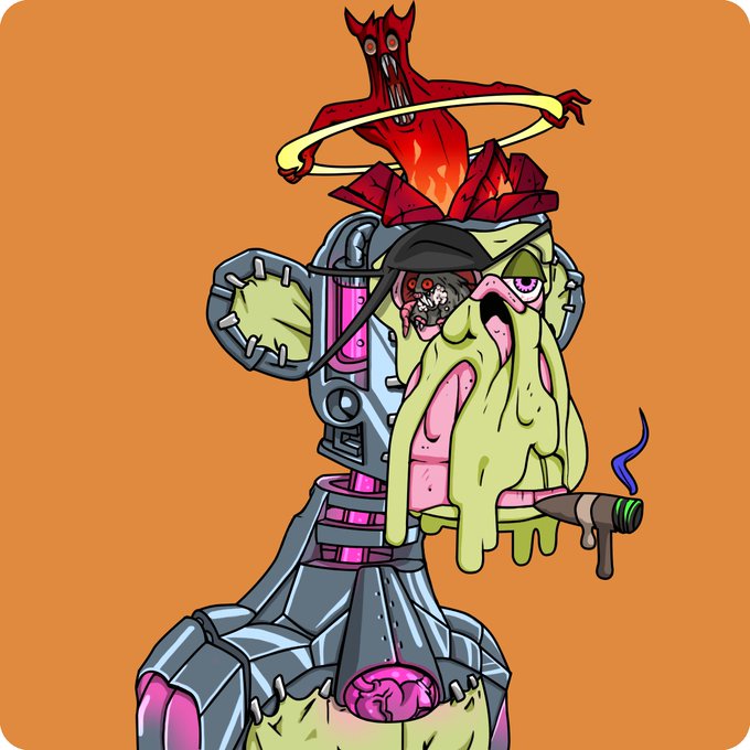 A bizarre digital illustration of a grotesque, mutated character with a red horned creature on its head, green dripping slime, a skateboard, and mechanical/metallic elements on a brown background.