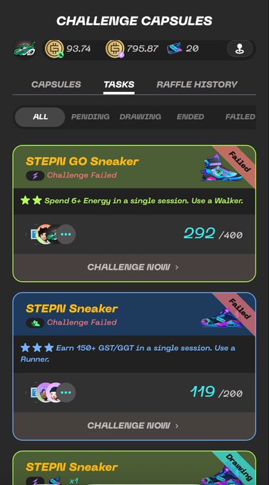 The image shows a phone screen displaying information about a challenge game called "Stepn Go Sneaker". The game has three levels, each with different challenges and rewards. The top left corner of the screen displays the game's title, while the bottom right corner features a list of tasks to complete in order to progress through the game.

The image also includes text that reads: "レアのタスクはやっぱりランナーが出たのでギブラリングしたらアンコモンのチャレンジまで失敗になってしまうました。". This text suggests that the user needs to complete specific tasks in order to advance through the game.