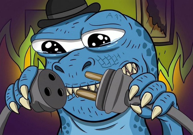 A cartoonish blue reptilian creature wearing a black hat and holding bowling balls in its claws, with "A33" tattooed on its forehead, symbolizes the meme coin's chaotic market impact. The image humorously references how $FEFER "took down the entire chain" by depicting a meme monster bowling—visually reinforcing the post's claim about the token's disruptive power while the market hasn't yet reflected it.