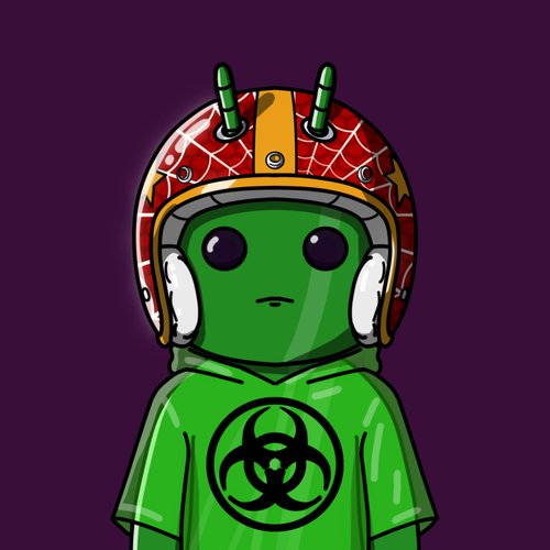 A green cartoon character wearing a red and yellow helmet and a biohazard-symbol shirt on a purple background.