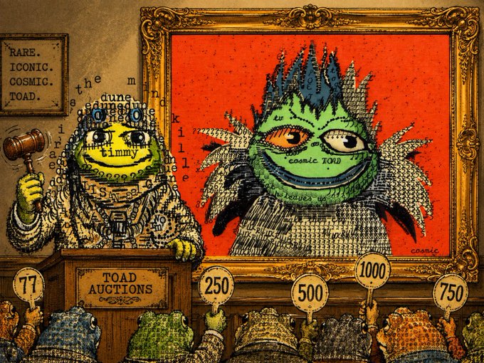 An illustration of a "TOAD AUCTIONS" scene, featuring a yellow frog auctioneer with a gavel and a large framed portrait of a green "cosmic TOAD" with bidders holding paddles marked 250, 500, 750, and 1000.
