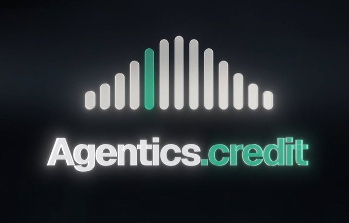 A logo graphic for 'Agentics.credit' displayed in white and teal text with an audio equalizer-style icon above it, glowing against a black background.