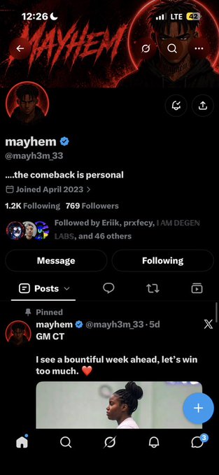 A Twitter/X profile page for 'mayhem' (@mayh3m_33) with 1.2K following and 769 followers, showing a pinned post 'GM CT' with the message 'I see a bountiful week ahead, let's win too much.'
