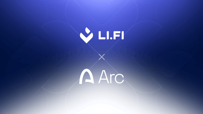 A partnership announcement graphic with logos for LI.FI and Arc displayed on a blue gradient background.