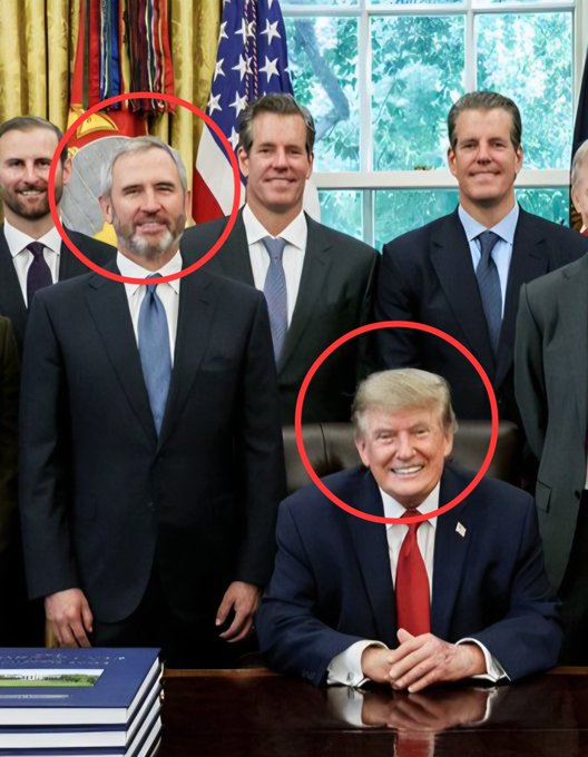 A formal White House group photo shows Donald Trump smiling at his desk, surrounded by officials including a man with a gray beard highlighted in a red circle, likely connected to crypto discussions. The image appears alongside a post celebrating potential wealth gains from XRP cryptocurrency.
