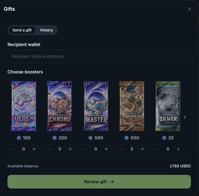 A "Gifts" interface shows a gifting feature for Jupiter Gacha packs, displaying five booster options—Degen (100), Chrono (250), Master (500), Timepiece (500), and Silver (25)—with a recipient wallet field for a Solana address and an available balance of 1765 USDC. The image illustrates the new gifting feature mentioned in the post, where the user is hosting a giveaway for a $100 Degen pack to encourage others to try Jupiter Gacha.