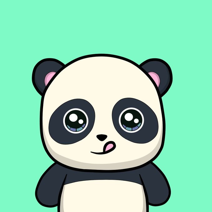 A cute cartoon panda illustration with large, expressive blue eyes and a small smile, set against a mint green background.