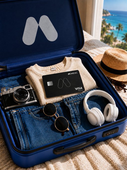 An open blue suitcase contains a camera, jeans, sunglasses, white headphones, and a sweater, with a MEXC Visa card resting on top.