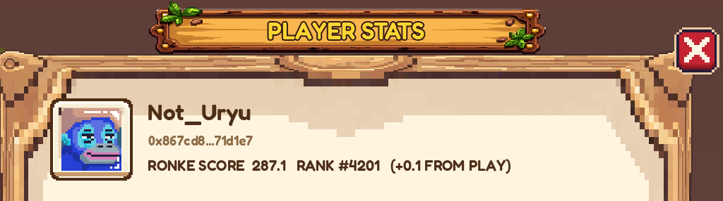 The image shows a pixel-art "Player Stats" screen for user "Not_Uryu" displaying their Ronke Score of 287.1 and a rank of #4201, illustrating how the Ronke Score reputation system functions as mentioned in the accompanying post about projects like Age of Ronke and RiceFarmerRonke.