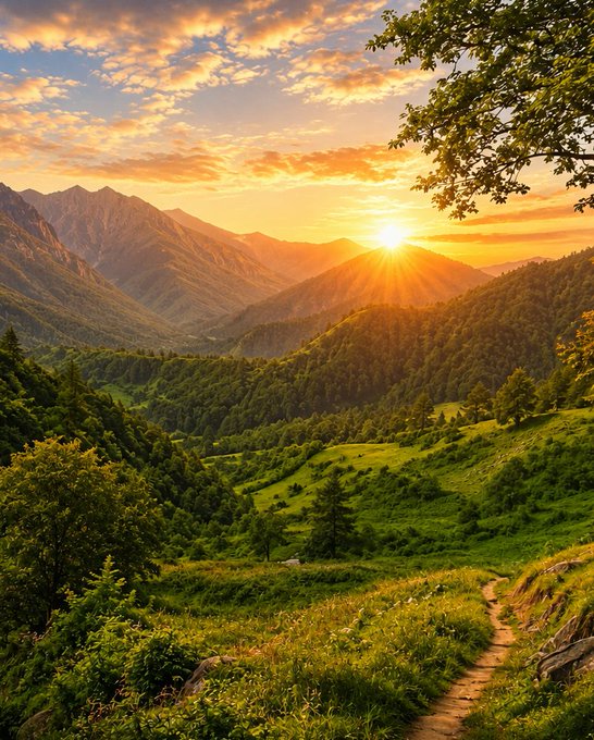 A breathtaking sunset casts golden light over rolling green hills and mountains, with a winding path in the foreground.