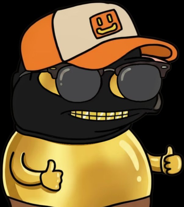 A cartoon character resembling Homer Simpson wears a black ski mask, gold sunglasses, and an orange and white trucker hat featuring a smiley face logo, giving a thumbs up.