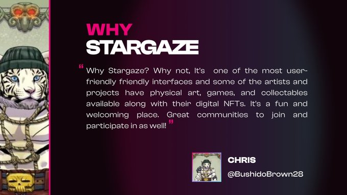 A 'WHY STARGAZE' testimonial graphic features a quote from Chris (@BushidoBrown28) praising the user-friendly NFT interface and its communities, alongside illustrations of a tiger and skulls.