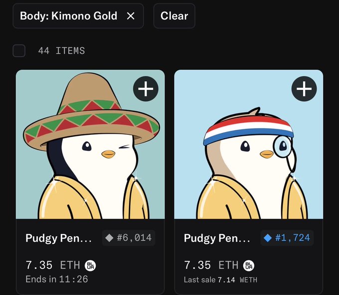 An NFT marketplace interface showing two 'Pudgy Penguins' items both priced at 7.35 ETH, one wearing a sombrero (#6,014) and another wearing a headband with monocle (#1,724), filtered by 'Body: Kimono Gold'.