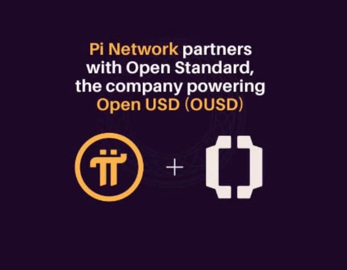A graphic announcing 'Pi Network partners with Open Standard, the company powering Open USD (OUSD)' with logos for both companies on a purple background.