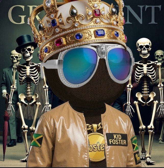 The post says: ...

A dark-skinned figure wearing a gold-encrusted royal crown, diamond-studded mirrored sunglasses, and a tan jacket with patches reading "KID FOSTER," "Goste," and "Jamaica," stands confidently in front of four skeletons, two dressed in suits with top hats, embodying the post's celebration of a successful crypto mint bounty win.