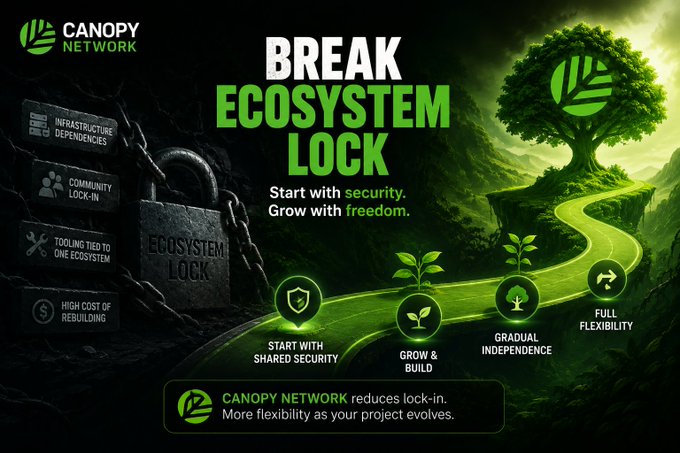 This promotional graphic for Canopy Network uses the metaphor of a growing tree to illustrate how their solution helps developers "Break Ecosystem Lock." It contrasts the restrictive, dark imagery of locks and dependencies with a bright, winding path leading to "Full Flexibility" and "Gradual Independence."