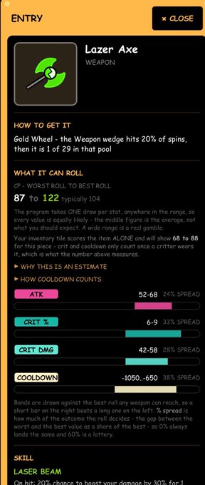 A game wiki entry for the 'Lazer Axe' weapon detailing its stats, including 52-68 ATK, 6-9% crit, and cooldown of -1050 to -650.