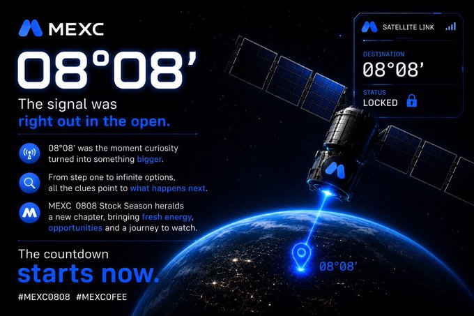 A promotional graphic for MEXC featuring '08°08'' as a countdown, with a satellite linking to Earth, mentioning 'MEXC 0808 Stock Season' and hashtags #MEXC0808 #MEXCCOFFEE.