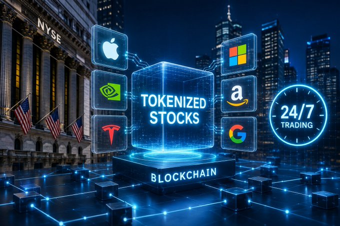 A futuristic digital graphic displays 'TOKENIZED STOCKS' and 'BLOCKCHAIN' with logos for Apple, NVIDIA, Tesla, Microsoft, Amazon, and Google alongside a '24/7 TRADING' clock at the NYSE.