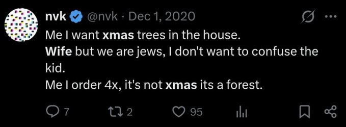 A tweet from verified user @nvk dated December 1, 2020 joking about ordering four Christmas trees and calling it a "forest" rather than Xmas to avoid confusing his Jewish child, with 95 likes. The tweet supports claims about NVK being Jewish, though the poster notes he's since deleted such tweets.