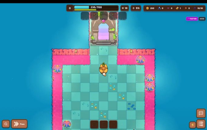 A screenshot of a mobile puzzle game featuring a yellow cat character on a checkered grid with pink borders, showing a score of 235/700.
