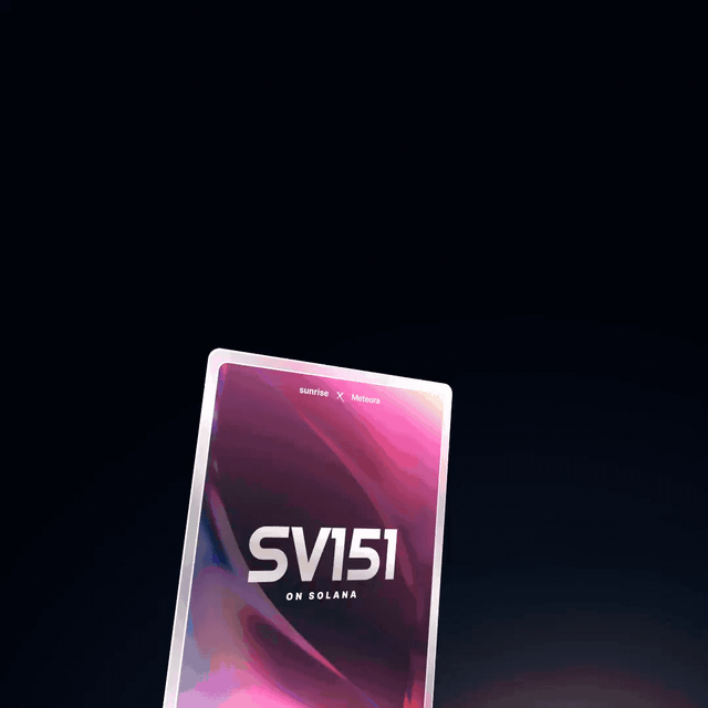 The image features a pink and purple cell phone with the text " Scarlet & Violet 151 has launched on Solana via Sunrise". The phone is positioned at an angle, with its screen facing upwards against a black background.