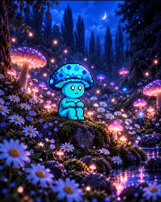 A pixel art style cyan mushroom character with a blue spotted cap sits on a mossy rock in a glowing nighttime forest filled with luminous mushrooms and daisies.