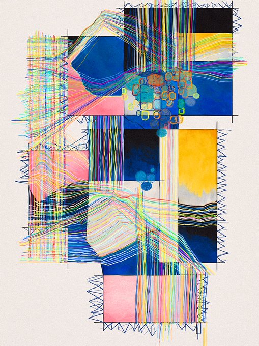 An abstract mixed-media artwork featuring colorful blocks of pink, blue, yellow, and black connected by multicolored wavy lines on a cream background.